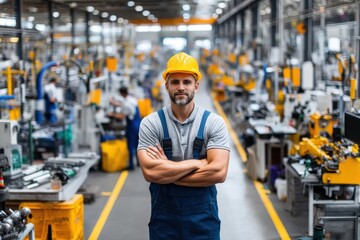 Male factory worker wearing yellow hard hat and blue overalls stands confidently in industrial workshop, showcasing expertise in manufacturing and commitment to safety and quality