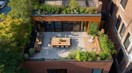 Inviting urban courtyard with modern furnishings and lush greenery in a vibrant city setting