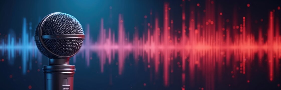 Vocal microphone with soundwaves on banner for podcasting, audio recording music creation. Mic for singing talking. Sound waves for podcast, radio broadcasting studio. Tech design for digital audio