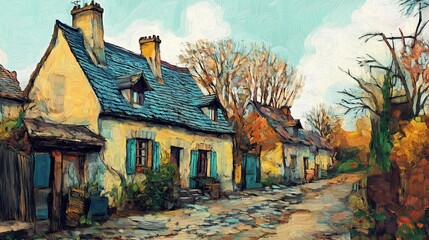 Charming rustic cottages line a serene street in a picturesque village