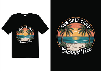 T-shirt Design: A visually appealing and fashionable t-shirt features an artistic representation of a sun, sea, and palm trees, evoking the spirit of a coastal retreat. 