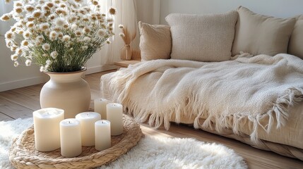 Cozy living room with soft textiles and natural decor elements