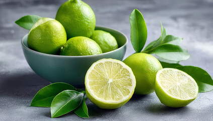 Ceramic Bowl of Green Limes with Sliced Halves and Leaves – Top View