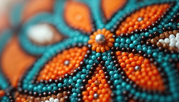 Close-up colorful native american traditional beadwork. Ethnic pattern with intricate details and soft focus. Bright orange blue color combination. Native American culture heritage art illustration.
