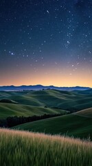 Hills roll gently under a cosmos of stars, with shooting stars gliding past. Vertical.