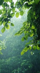 Rain drizzles gently on green leaves, refreshing a lush tropical forest. Vertical.