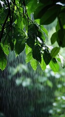 Soft rain descends on vibrant green leaves amid a dense tropical canopy. Vertical.