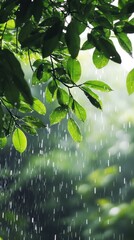In a tropical setting, rain softly nourishes the verdant leaves overhead. Vertical.