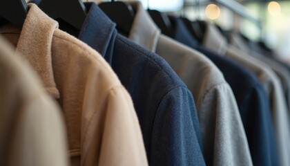 Fototapeta premium Row of jackets hanging in clothes shop store. Variety of colors jackets on rack. Fashion, shopping, retail, business concept. Cloth shop, boutique indoor. Modern design.