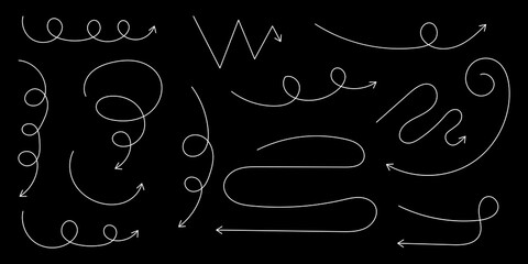Arrow doodles set - hand drawn swirls, curved lines, grunge style marker, chaotic pointers. Chalk sketches, artistic design elements collection.