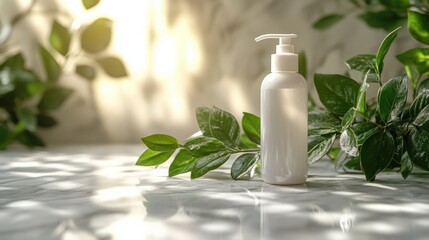 Minimalist white bottle of lotion surrounded by lush green leaves on a marble surface with soft light