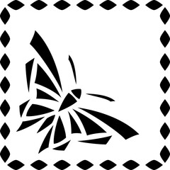 Stencils with abstract geometry butterfly. Isolated black butterfly in frame on transparent background. Monochrome natural decor. Cute decorative design for laser cut