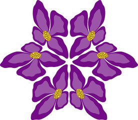 Abstract clematis flowers isolated design element. Pink, fuchsia flower element on transparent background. Floral mandala isolate png. Fantasy round ornament for decor clothes, home, etc.