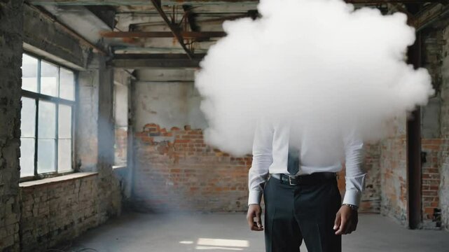 Man with a cloud on his head. Concept of stress and depression.