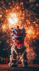 Lion dance performance bursts with vivid fireworks in a lively festive night scene. Vertical.