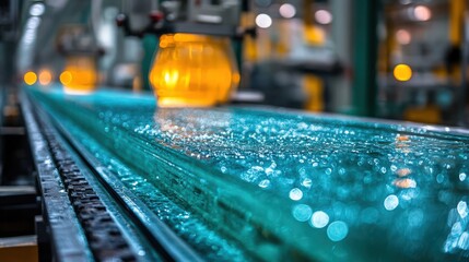 Streamlined production of glass products in industrial setting with clear turquoise hues and advanced machinery