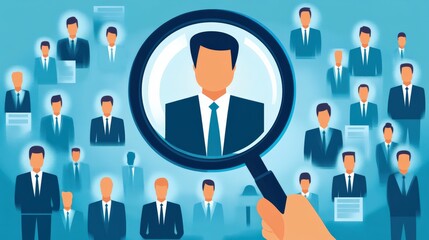 Professional networking concept featuring diverse business people in magnifying glass