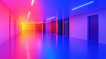 Futuristic corridor illuminated with vibrant blue and pink lights, reflecting a modern design