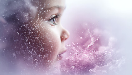 Side View of Baby with Magical Galaxy and Sparkling Overlay in Pink Tones