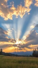 Golden light bursts through drifting clouds in a captivating time-lapse scene. Vertical.