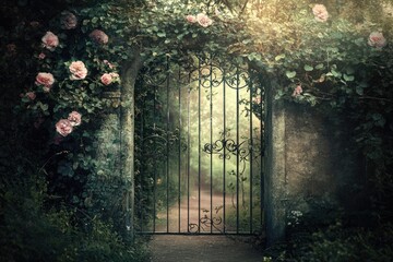 Obraz premium A wrought iron gate entwined with roses, leading to a mystical garden bathed in soft sunlight.