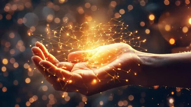 Hand formed by poly lines on digital background