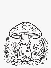 Detailed Doodle-Style Mushroom with Flowers Around Coloring Page