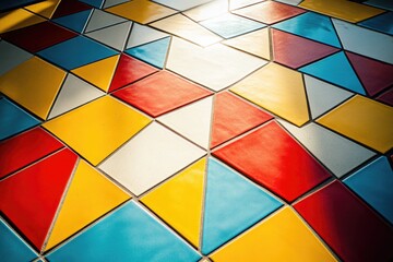 Fototapeta premium Colorful geometric tile floor with triangular and diamond shapes in red, yellow, blue and white. Light shines from above.