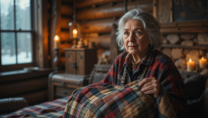 Naklejka premium Elderly woman cozying up with a blanket in a rustic cabin during winter, surrounded by warmth