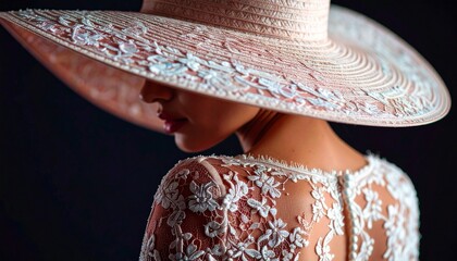 Beautiful woman spy agent in elegant dress with hat on dark background