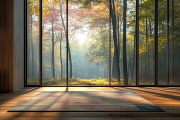 A modern room bathed in sunlight looks out at a serene autumn forest through large windows.