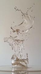 Water splashes in slow motion, sending clear droplets across a pristine white backdrop. Vertical.