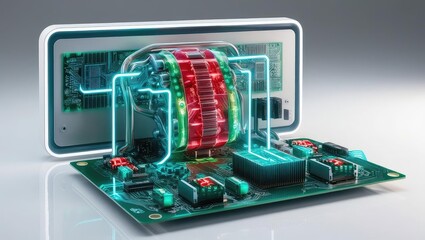 technical simulation. A futuristic circuit board design showcasing intricate components and vibrant colors.