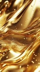 A rich gold liquid cascades slowly, unveiling a velvety and polished texture with finesse. Vertical.