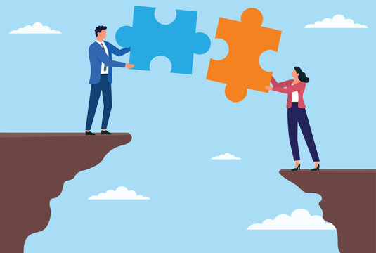 Vector illustration of two business people connecting puzzle pieces on the side of a mountain to fill a gap, representing teamwork, collaboration, problem solving, and partnership 