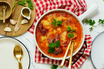 Italian Meat Parmigiana Baked in a Skillet.top veiw