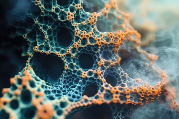 Close-up, fractal-like structure with interconnected cells and pore-like openings, colored in teal and orange, creating a visually striking, porous surface with mist background.