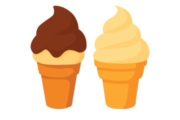 Flat cartoon set with chocolate and vanilla ice cream in waffle cones. Cute sweet desserts.