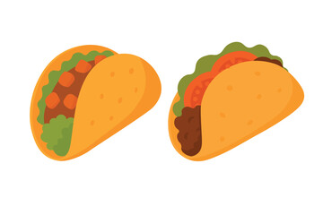 Flat cartoon set of two tacos filled with meat, lettuce, tomato and vegetables in soft shells.