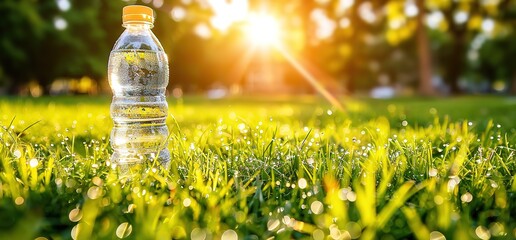 A plastic water bottle sits in the grass with the sun shining through the trees in the background.  The bottle is half full of water and the cap is on.  The grass is green and lush.