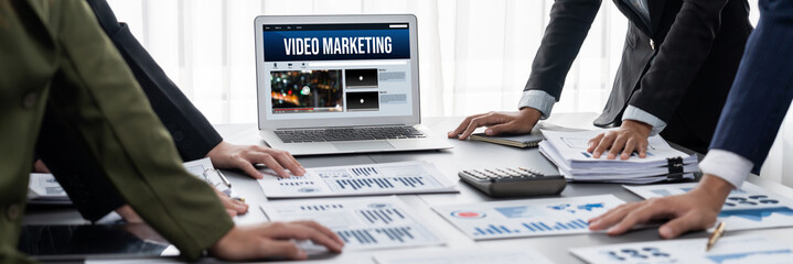 Video Marketing Concept on Laptop Screen. Video Marketing Advertising Business on Social Media and...