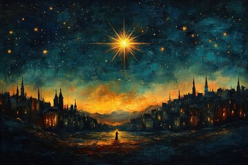 Fototapeta premium Starry night lights up a tranquil city skyline beneath a brilliant celestial display