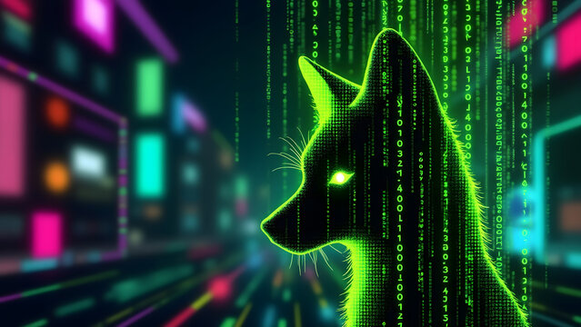 Digital neon green wolf silhouette with glowing eyes and matrix code overlay in futuristic cityscape at night, evoking mystery and technology