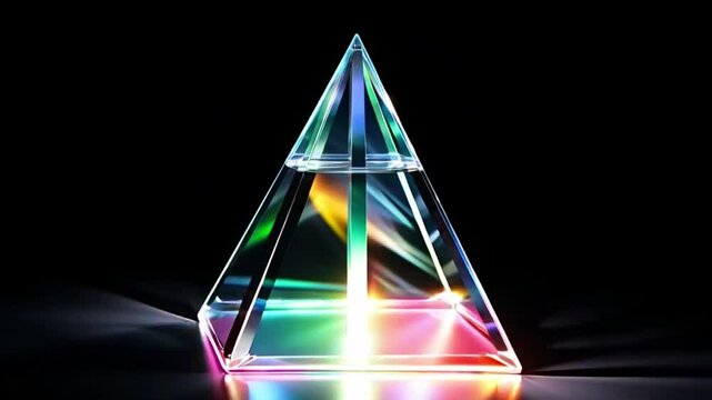 Animation of pyramid with refraction light and holographic effect on dark background