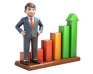 3d cartoon businessman standing with growing bar graph on transparent background investment success