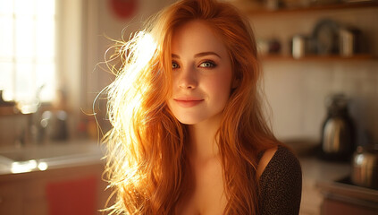 Radiant Woman with Red Hair in Sunny Kitchen Interior Smiling Softly