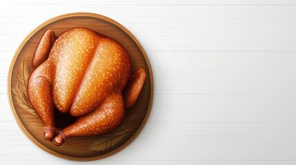 Whole roasted chicken on a wooden platter with a light background, ideal for culinary use