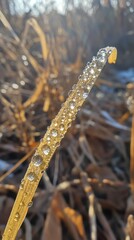 A detailed close-up captures dew drops sparkling on a single blade of grass in morning light. Vertical.