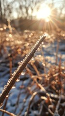 Glistening dew adorns a slender blade of grass as soft sunbeams break the quiet morning. Vertical.