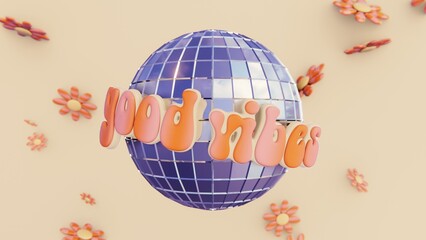 Summer 3D horizontal backgrounds falling flower sparse daisy hippie disco ball infographic good vibes trendy retro vintage vibe cool groovy doodle cartoon image rendered poster club rave relax sun